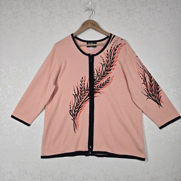 VTG Bob Mackie Wearable Art Cardigan Jacket sz XL Peach Black Zip Up Artsy READ - Picture 14 of 14